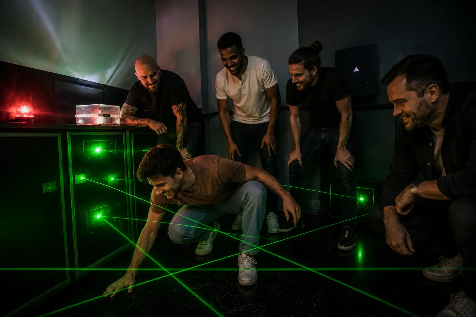 Groupe d'amis en plein EVG à La Baule, réunis autour d'un coffre dans un escape game du Hangar de La Baule